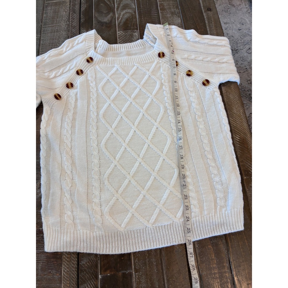 White Cable Knit Button Shoulder Sweater Scoop Neck Diamond Lattice 100% acrylic - Picture 5 of 5